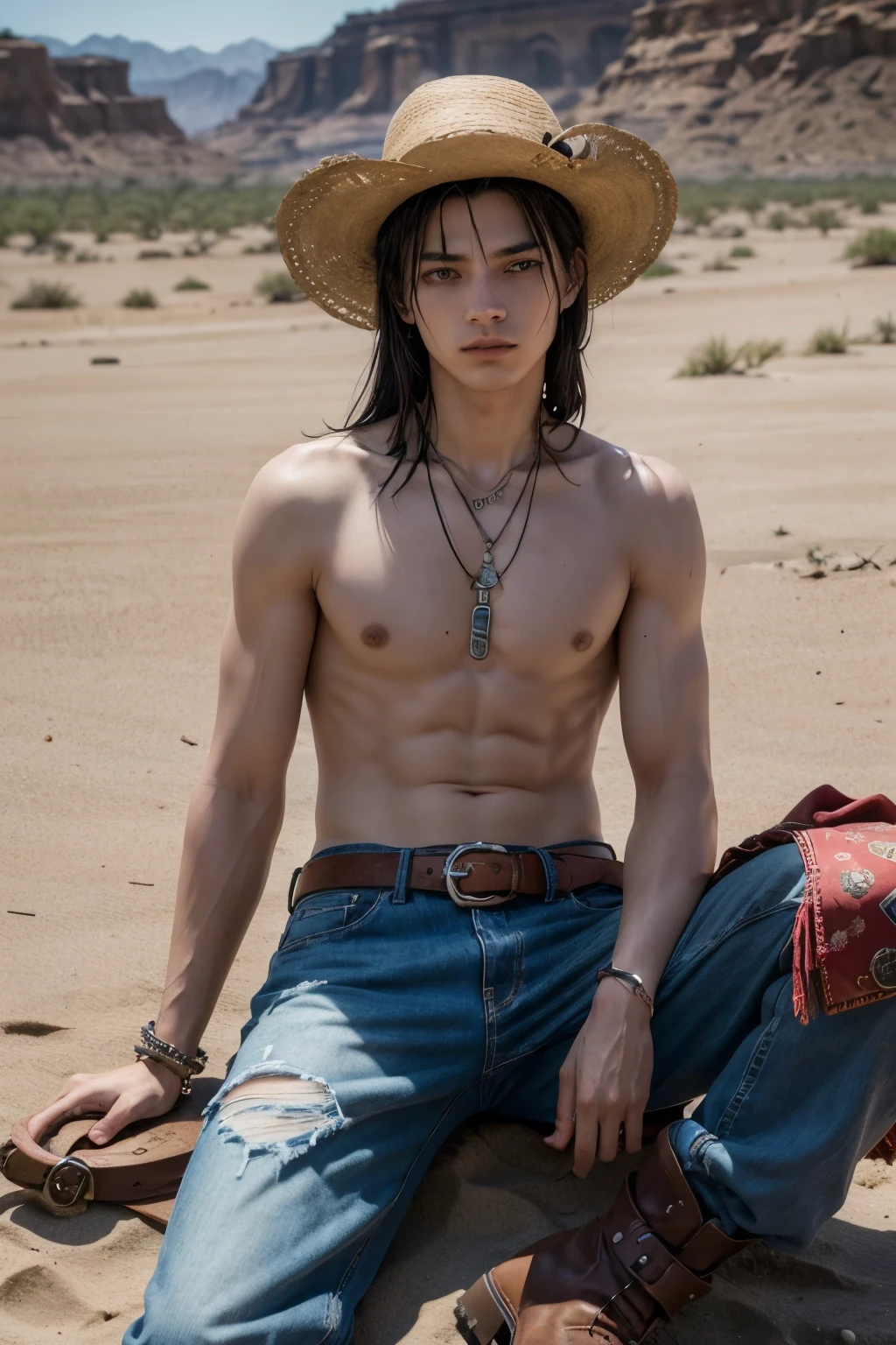 Young man in the straw hat, black hair, open button shirt in red, holding a violet-colored fruit with several spirals on the shell, bermuda jeans, a leather belt containing a revolver at the waist attached to the belt, X-shaped scar on chest, small scar below the left eye as if it were a small line lying down, bracelet on the arm containing a tiller, pirate flag tattoo with a straw hat on skull head on right arm, old west style desert scenery, cord with pendant in the shape of 🍖, holding a knife in one hand, hat with a red band around it, western style boots with spurs, pants with western style details, the scenario must contain a ship behind it, deteriorated due to being abandoned for a long time