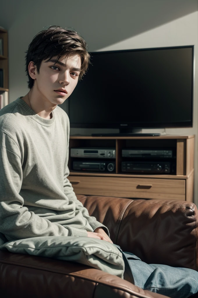 Create a Music Album Cover: a young man sitting on the sofa facing a television.