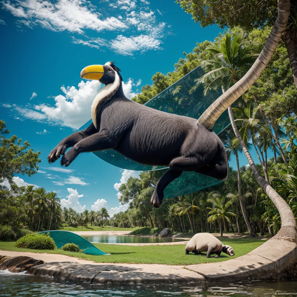 Real photography, unique composition that mixes and brings together in an almost surreal drawing four different types of animals in a single body of a sheep, a toucan's tail, a colobus's head, arms and legs of a manatee. There is a frame in the image that refers to the 2D image drawn with lines that become wind and water and fire and earth at the base, with a transparent background
