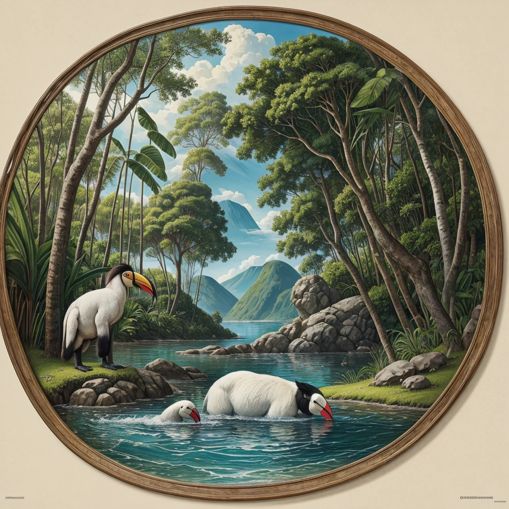 Real photography, unique composition that mixes and brings together in an almost surreal drawing four different types of animals in a single body of a sheep, a toucan's tail, a colobus's head, arms and legs of a manatee. There is a frame in the image that refers to the 2D image drawn with lines that become wind and water and fire and earth at the base, with a transparent background