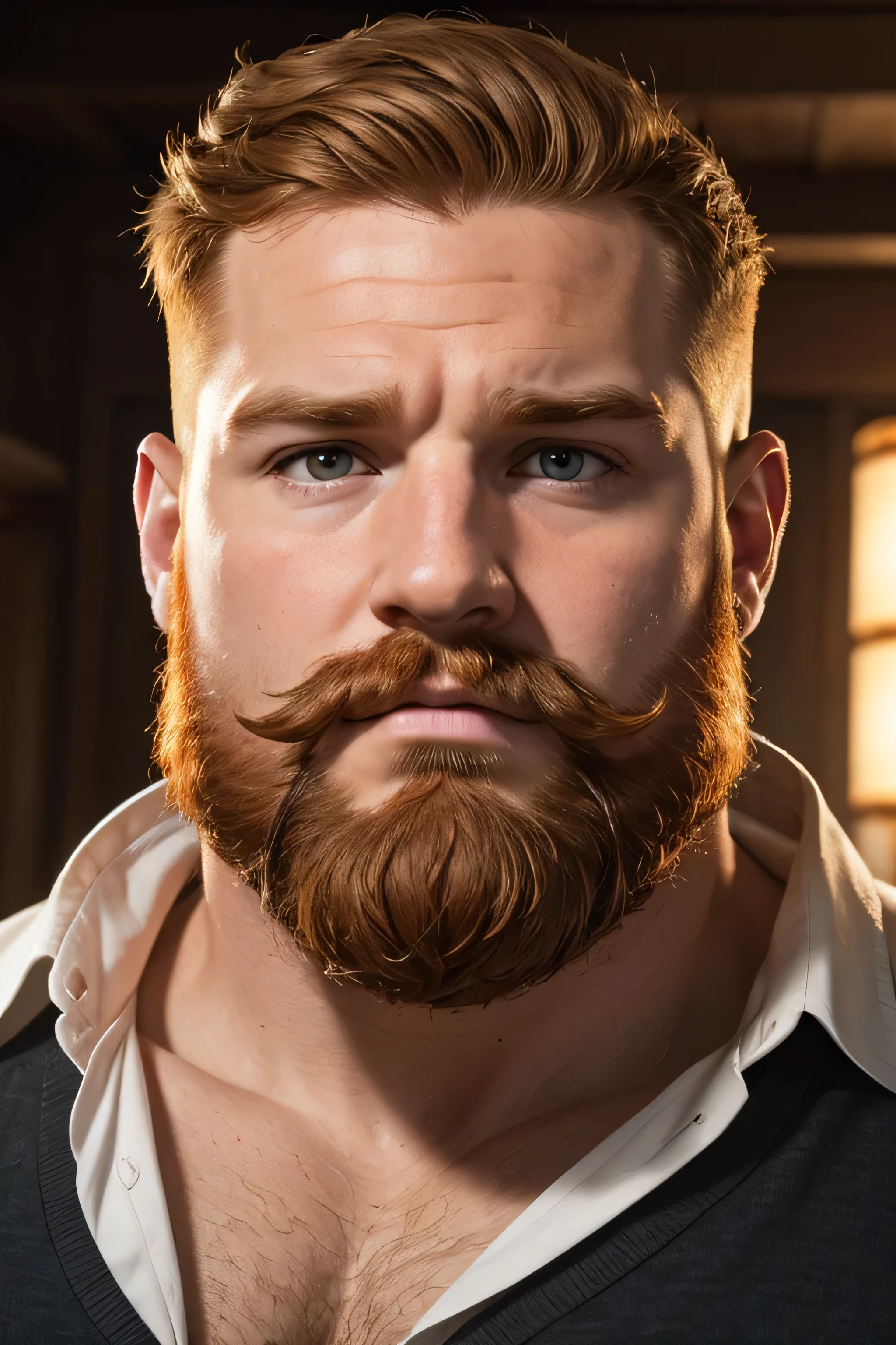 (8K, high definition, high quality, highly detailed) Chubby-faced handsome gingerhead. headshot. not looking at the camera. dramatic lighting. full beard. thick mustache.