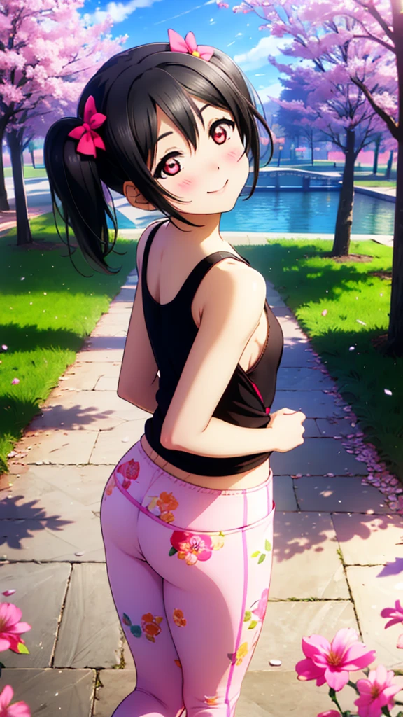 masterpiece, best quality, 1girl,yazawa nico,, black hair, short hair twintails, red eyes, small breast, small bow ribbon, ,clavicle, hair ribbon,  volumetric lighting, illustration, beautiful, tight , Blushing, breasts, looking at viewer, flowers printed tank top, yoga pants,solo, curvy body,floral print, looking to the side, confident, seductive smile, (arms behind back, head tilt:1.1), heart pendant,perfect lighting, perfect shadows, flower, (breathtaking scenery:1.1), tree, blushing full body shot