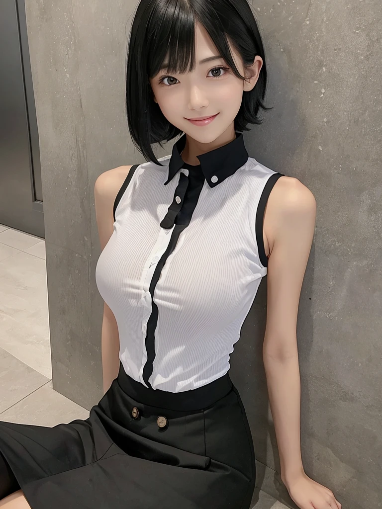 Highest quality、masterpiece、8k、Very detailed、Realistic、Looking at me with a smile、whole body、Black Hair、Short Hair、Small face、Slender、Big Breasts、Thin and beautiful legs、narrow and constricted waist,、A tight-fitting, sleeveless shirt with buttons and a collar、Mermaid Skirt、All buttons on the shirt are closed