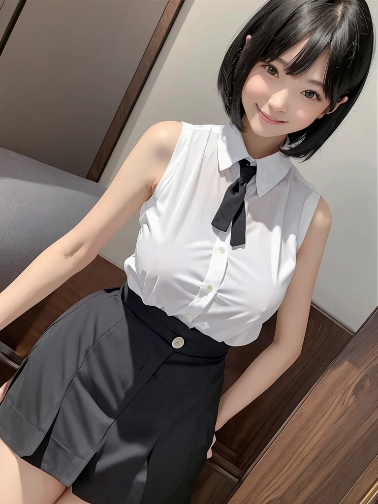 Highest quality、masterpiece、8k、Very detailed、Realistic、Looking at me with a smile、whole body、Black Hair、Short Hair、Small face、Slender、Big Breasts、Thin and beautiful legs、narrow and constricted waist,、A tight-fitting, sleeveless shirt with buttons and a collar、Mermaid Skirt、All buttons on the shirt are closed
