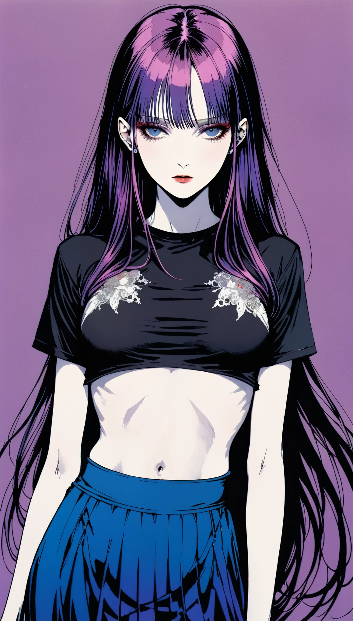 in style of Harry Clarke,in style of David Sims, 1girl,(UnderBoob:1.3),long hair,(micro t-shirts:1.5),high-waist skirt,soft breasts that are pressed by tight clothing,