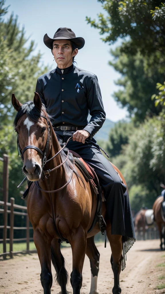 A photograph of Mr. Spock riding a horse dressed as an Argentine gaucho