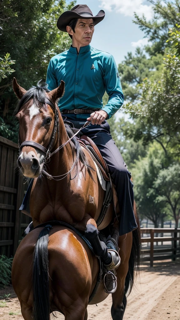 A photograph of Mr. Spock riding a horse dressed as an Argentine gaucho 