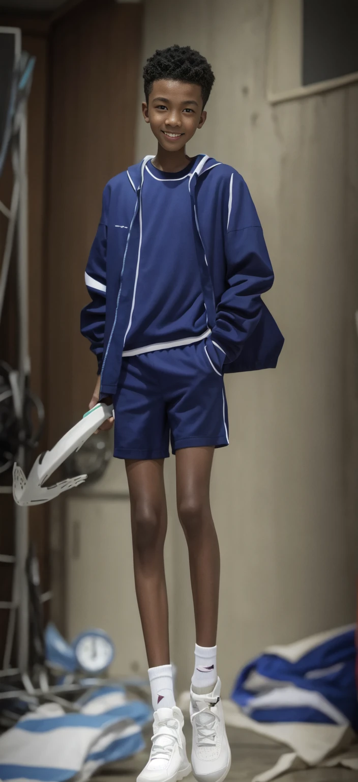 14 year old boy，（Wearing white tennis clothes，Wearing green socks），Dark skin，Big round eyes，Very short hair，Tall and skinny，Toothy Smile，Sharpen details，Knee muscle lines，Blue Background，Axe in hand