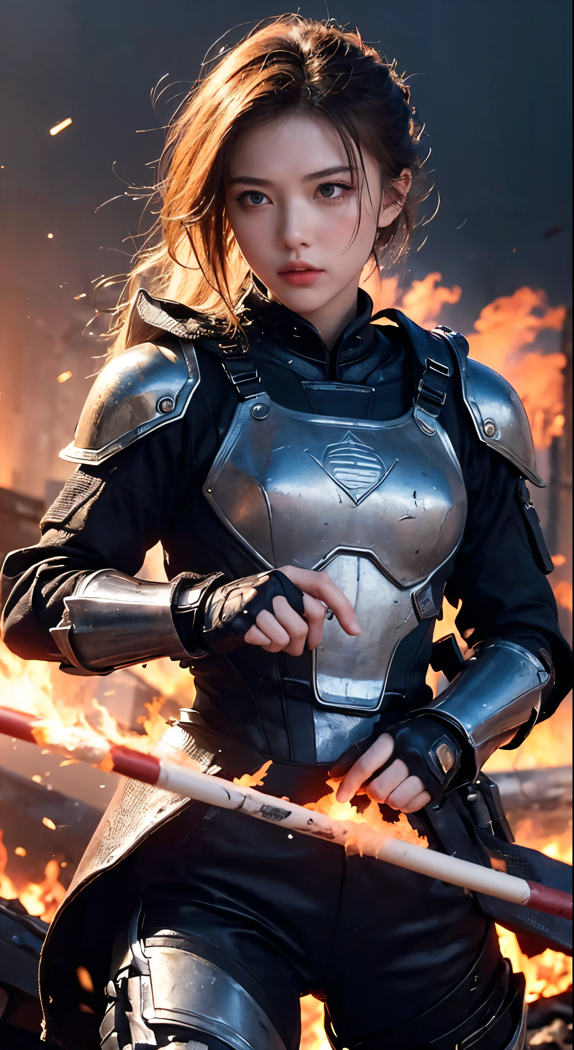 (masterpiece:1.5)、(Highest quality)、(High definition)、(Super fine)、(1Girl:1.2)、(whole body:1.2)、(Girl)、(Blonde)、(Weapons in hand)、(Battle Scenes)、(Bloody atmosphere)、(cigarette)、(fire)、(cadaver)、(Chaotic Background)、(explosion)、(Facial details)、(Determined look)、(Sweat and dirt)、(Black Armored Suit)、(Dynamic Pose)、(Broken Armor)、(Burnt Landscape)、(Combat Stance)、(Smoldering rubble)、(inflammation:1.3)、(roar)、(Sounds of War:1.1)