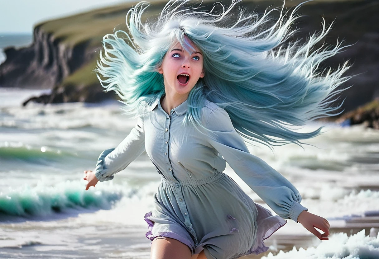 1girl, about 20 years old, long light blue hair, messy hair, hair bangs, hair blowing in the wind. Jumping. ice flouting in hear hand. imposing. Delicate facial features. Purple eyes 