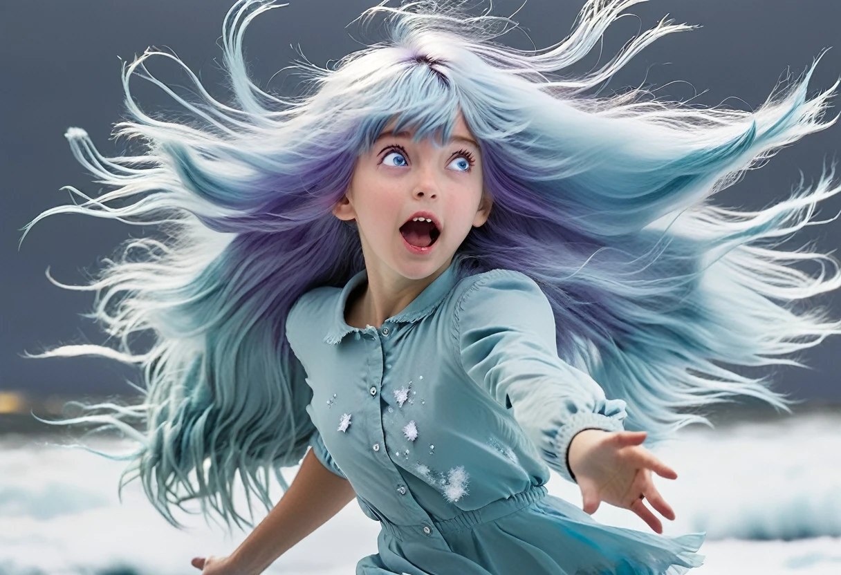 1girl, about 20 years old, long light blue hair, messy hair, hair bangs, hair blowing in the wind. Jumping. ice flouting in hear hand. imposing. Delicate facial features. Purple eyes