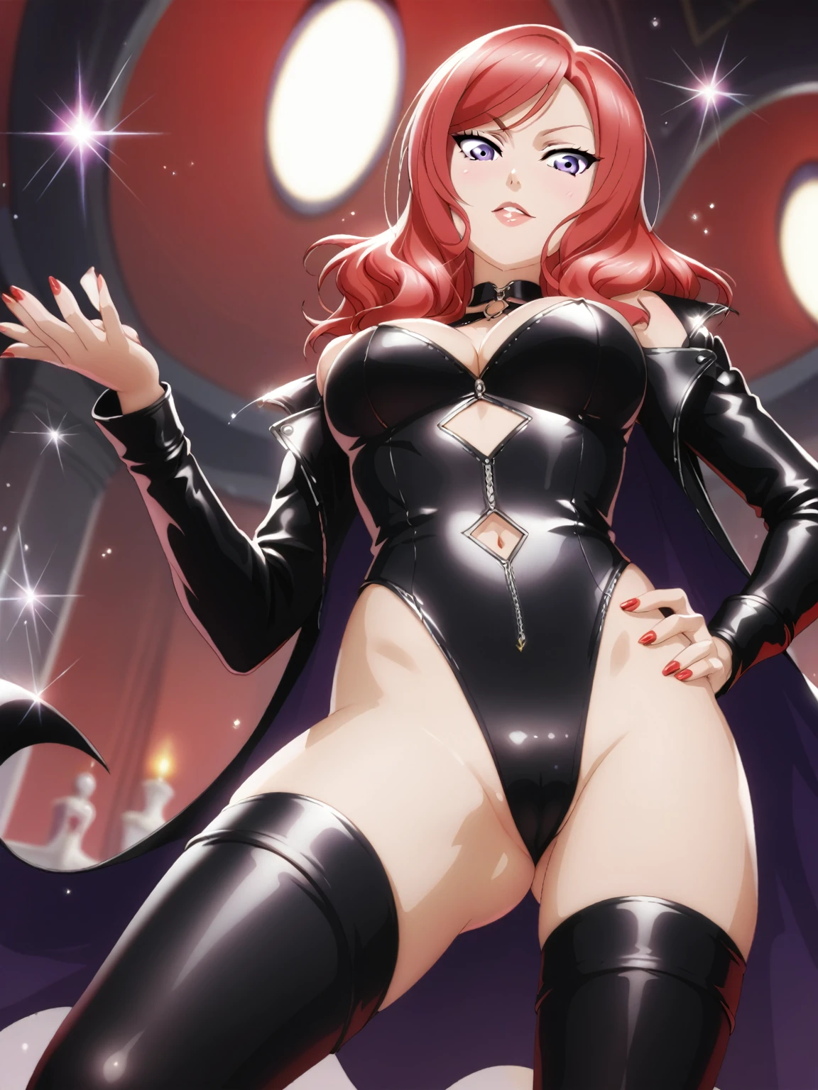 masterpiece, best quality, cowboy shot, from below,nishikino maki,red hair, purple eyes, black leather leotard, halter neck, cleavage cutout, (red lipstick:0.4), Sexual seduction, sexualised, hand on hip , thighhighs , mistress 