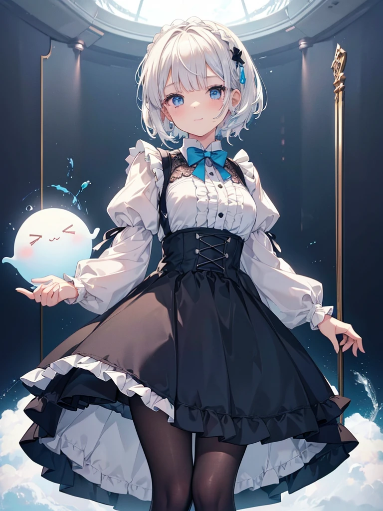 (kawai Quality figure), Ultra detailed,((Top quality)),beautiful girl, (short white hair), ((braided short hair)), her eyes is shining , (highly detailed beautiful eyes), charming smile, beautiful atmosphere feeling,(dream invited blue ), (storm spring),kawaii figure, (Ghotic with long skirt),(Her outfit closely resembles a goth lolita aesthetic black), (blouse underneath), (a grey skirt with ruffled fabric underneath and a lace draping over it),(wears black tights),at sea,( spin dance ),from aside,(blue sky white cloud), (She is considered to be very beautiful)