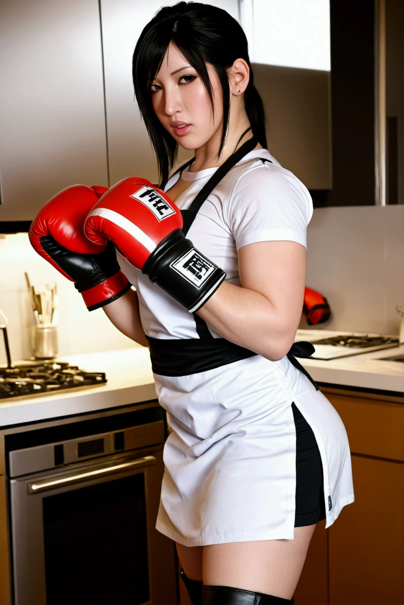 Tifa Lockhart, thick pudgy thighs, big_tits, big ass, wearing just a skintight apron, boxing gloves, provocative