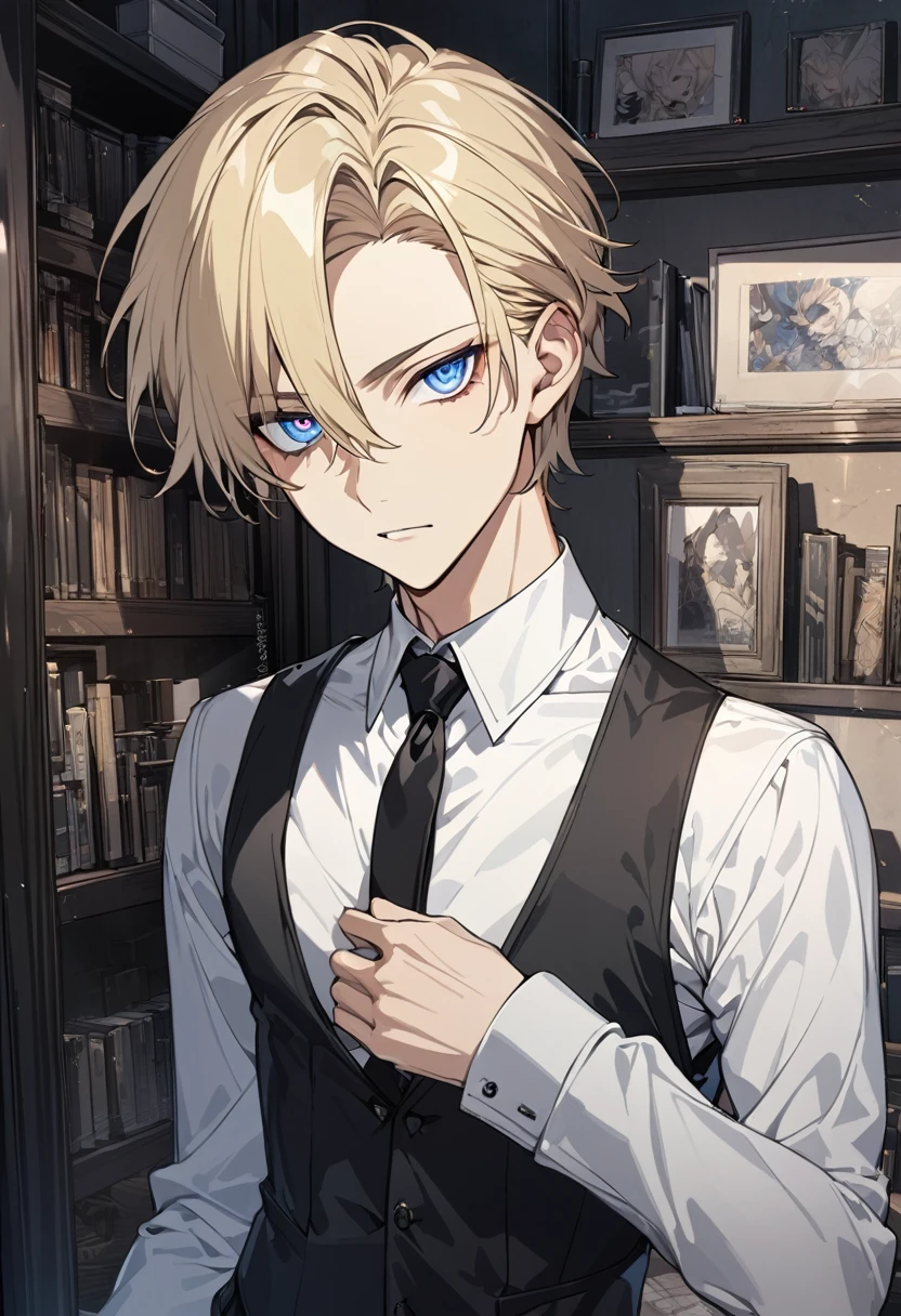 an anime man, blonde hair, blue eyes, white shirt, black tie, neutralexpression, slender body, short hair, handsome, black vest, front hair to one side, detailed eyes, ultra detailed, high quality,  male, desktop wallpaper .