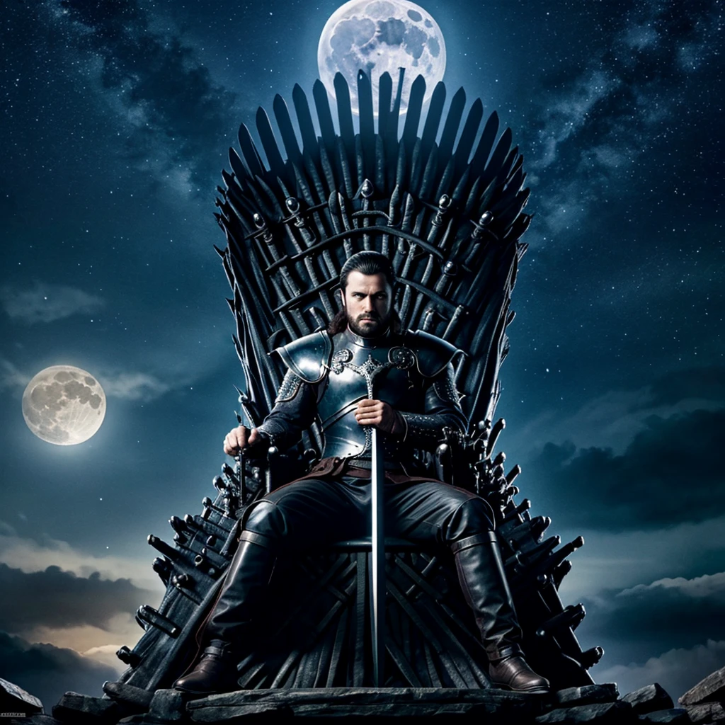 Villain sitting on iron throne with swords 8k masterpiece full moon full star night