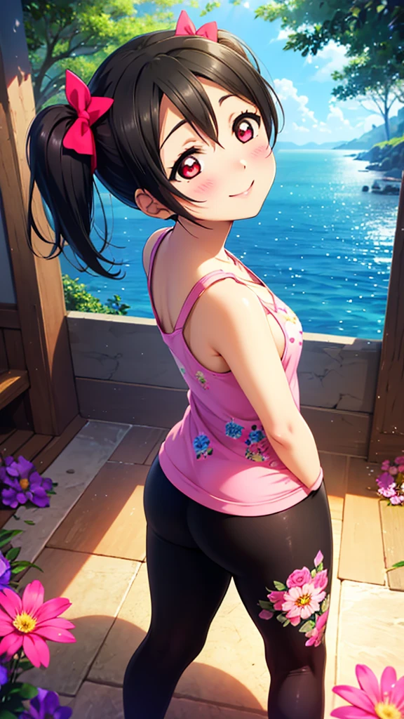 masterpiece, best quality, 1girl,yazawa nico,, black hair, short hair twintails, red eyes, small breast, small bow ribbon, ,clavicle, hair ribbon,  volumetric lighting, illustration, beautiful, tight , Blushing, breasts, looking at viewer, flowers printed tank top, yoga pants,solo, curvy body,floral print, looking to the side, confident, seductive smile, (arms behind back, head tilt:1.1), heart pendant,perfect lighting, perfect shadows, flower, (breathtaking scenery:1.1), tree, blushing full body shot