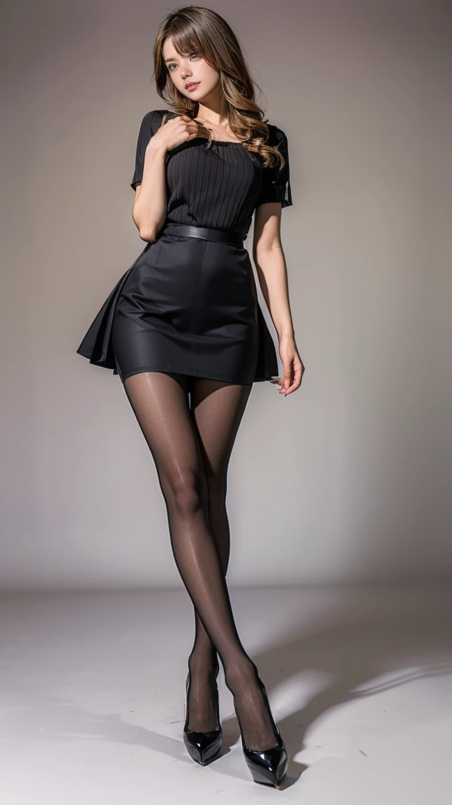 ((masterpiece)),(((Highest quality))),Thin thighs,Long legs,whole body:1.5,(One Girl:1.3),(Black pantyhose and thick pointy heels:1.3),(Wearing a mid-length skirt dress:1.2),Short blonde:1.2、Model pose,