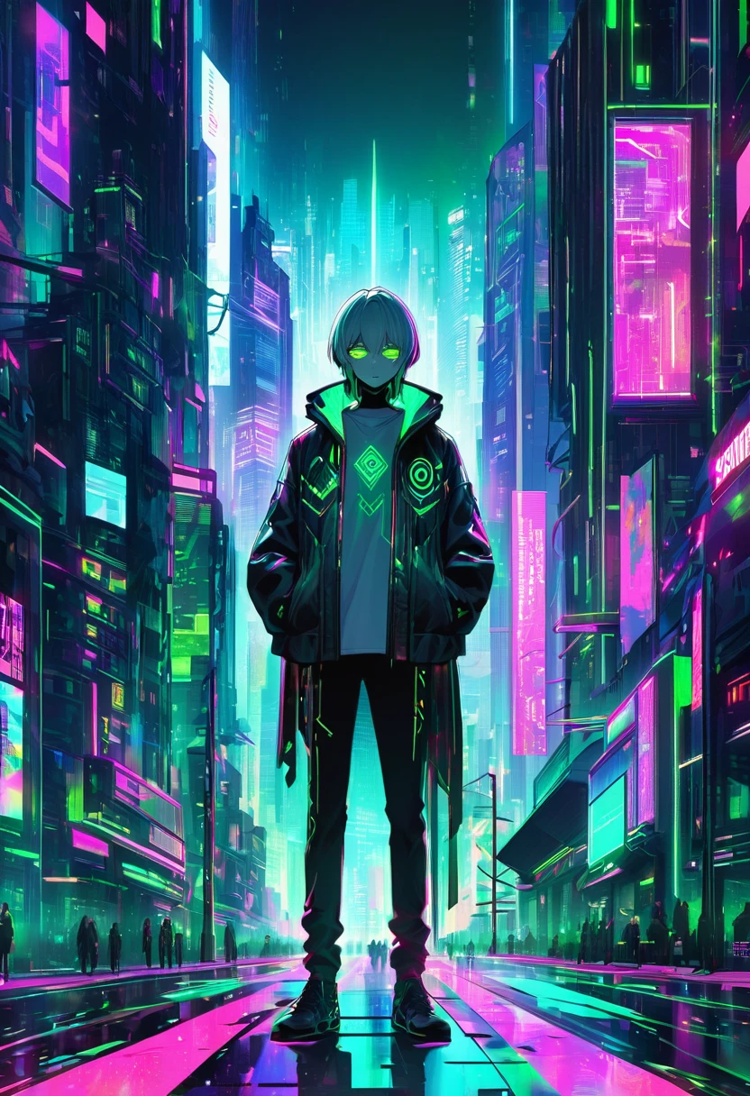 Set the background as a cyberpunk-themed cityscape at night. The boy stands amidst the vibrant chaos of a bustling city, with the following elements:
• Skyscrapers and urban scenery filled with neon lights and electronic billboards.
• Bright neon signs and colorful lights flooding the city.
• Shadows of people walking in alleys and sidewalks, adding to the urban hustle.
• Drones and hologram advertisements floating in the sky, enhancing the futuristic atmosphere.
The boy’s outfit is simple and includes:
• A plain shirt and pants.
• A moon motif accessory, symbolizing his identity as the god of night.
The colorful and lively background contrasts sharply with the monochrome depiction of the boy, making this contrast stand out. The boy’s appearance is as follows:
• He has a baby-faced, androgynous look.
• His build is slender, giving a delicate impression.
• His expression is one of enlightenment yet resignation, suggesting a profound understanding paired with a sense of giving up.
• The monochrome representation of the boy contrasts vividly with the colorful background, highlighting his presence.
Based on this prompt, you will create a striking illustration that captures the solitary god of night standing amidst the vibrant hustle of a cyberpunk city, creating a visually and emotionally impactful scene.カウボーイショット、コンセプトアート、レンズフレア