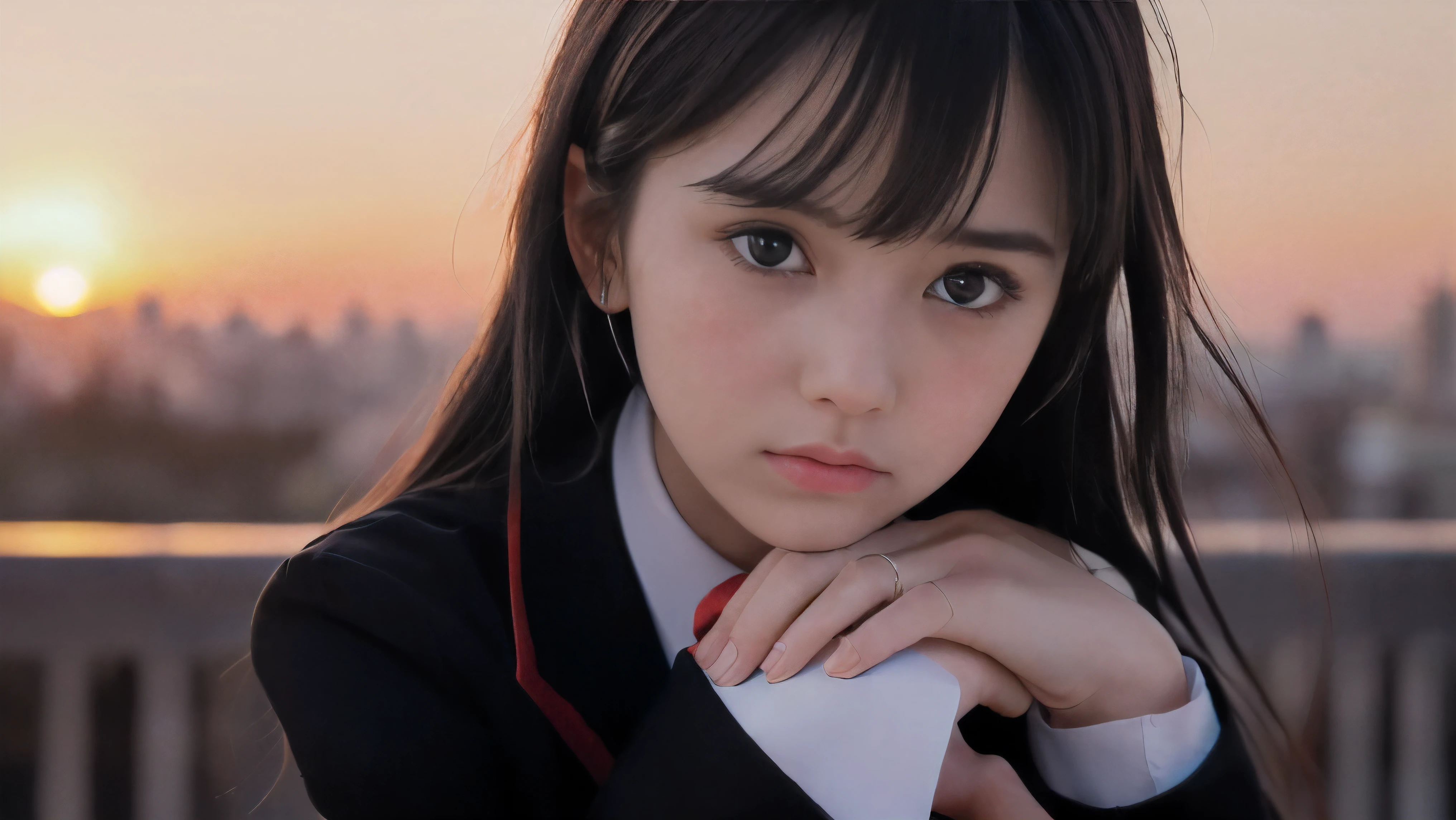 (Close up face shot of one slender small breasts two side up black medium hair bangs girl with crying face in long sleeves black school uniform:1.5)、(One girl is turn around at sunset red sky with her face is reflected sunset light and her hair is blowing in long sleeves black school uniform:1.5)、(Beautiful red sunset sky at skyscraper city landscape:1.5)、(8k ultra detailed master piece:1.5)、(perfect anatomy:1.5)、(Photorealistic stick:1.5)、(Raw photo:1.3)、(highest quality:1.5)、(High resolution:1.3)、(Delicate and beautiful perfect face:1.3)、(Delicate and beautiful eye air skin:1.3)、(Real Human Skin:1.3)、((thin legs))