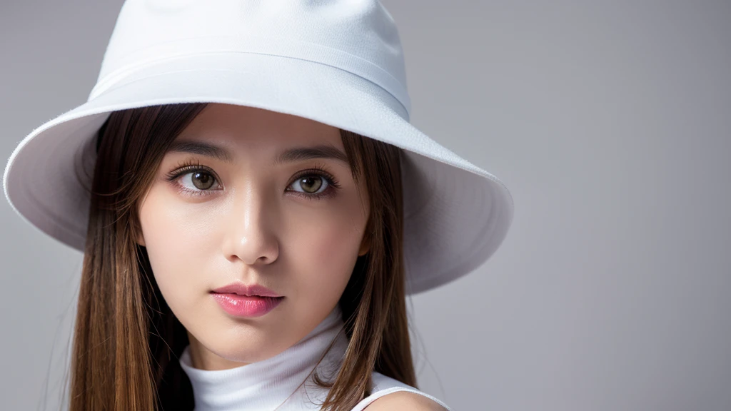 White Hat,(Detailed face),vivid,cute,Sleeveless and(turtleneck)White silky clothes,4K,Ultra-high resolution,(Photorealistic:1.7),Gray background,Long Hair,