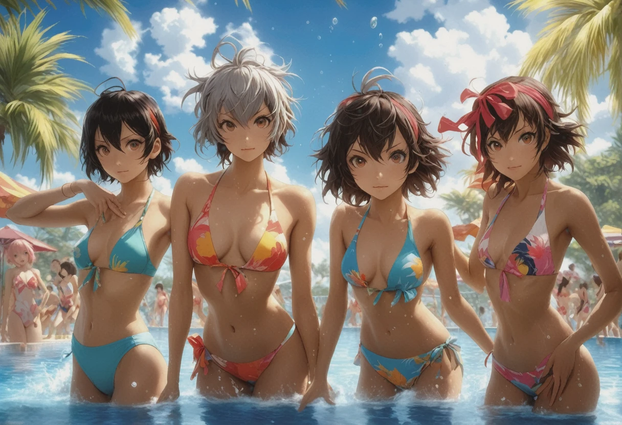 A group of anime characters in swimsuits relaxing at a pool party, highly detailed, beautiful scenery, vivid colors, photorealistic, 8K, masterpiece, (best quality,4k,8k,highres,masterpiece:1.2),ultra-detailed,(realistic,photorealistic,photo-realistic:1.37),characters from Kill la Kill, Ryuko Matoi, Satsuki Kiryuin, Mako Mankanshoku, Nonon Jakuzure, Ira Gamagoori, Uzu Sanageyama, Houka Inumuta, Ragyō Kiryūin, colorful swimsuits designed after character's iconic costumes, beautiful detailed eyes, beautiful detailed lips, extremely detailed eyes and face, long eyelashes, detailed facial features, dynamic poses, background with sunny sky, palm trees, pool with crystal clear water, reflections in water, steam rising from water, splashing water, steam, high quality lighting, cinematic composition