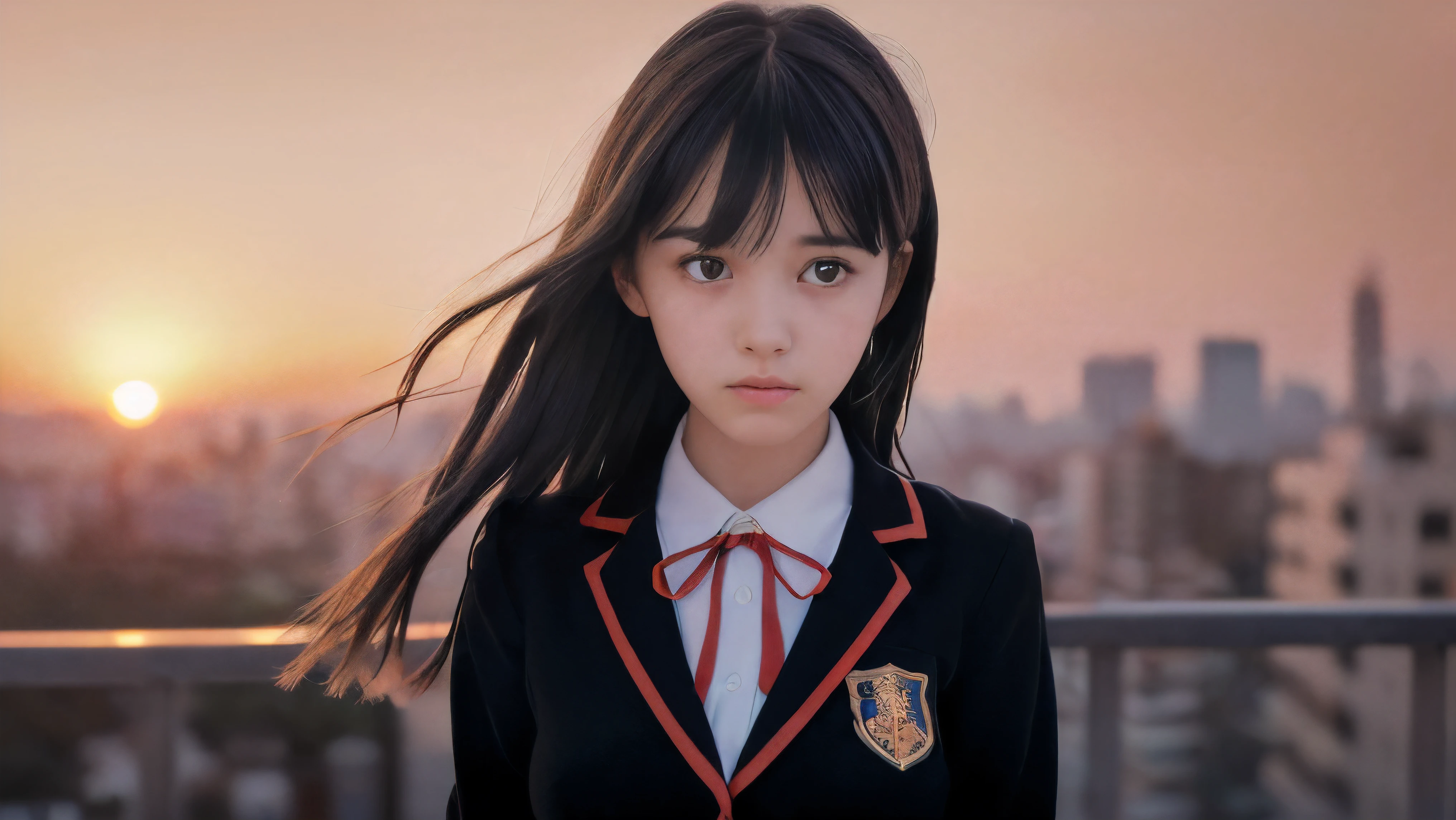 (Close up face shot of one slender small breasts two side up black medium hair bangs girl with crying face in long sleeves black school uniform:1.5)、(One girl is turn around at sunset red sky with her face is reflected sunset light and her hair is blowing in long sleeves black school uniform:1.5)、(Beautiful red sunset sky at skyscraper city landscape:1.5)、(8k ultra detailed master piece:1.5)、(perfect anatomy:1.5)、(Photorealistic stick:1.5)、(Raw photo:1.3)、(highest quality:1.5)、(High resolution:1.3)、(Delicate and beautiful perfect face:1.3)、(Delicate and beautiful eye air skin:1.3)、(Real Human Skin:1.3)、((thin legs))
