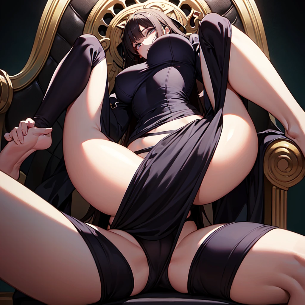 a close up of a person sitting on a couch with a hat on, epic poses, set of high quality hd sprites, relaxed poses, cell shaded adult animation, multiple poses, various poses, strange poses, different poses, in fighter poses, sitting on obsidian throne, pixeled stretching, large thighs, dominant pose, sexy pudica pose gesture