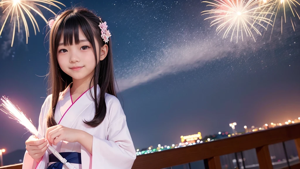 very cute、、girl、Long Straight Hair、Beautiful yukata、Night Sky、Countless fireworks、smile、