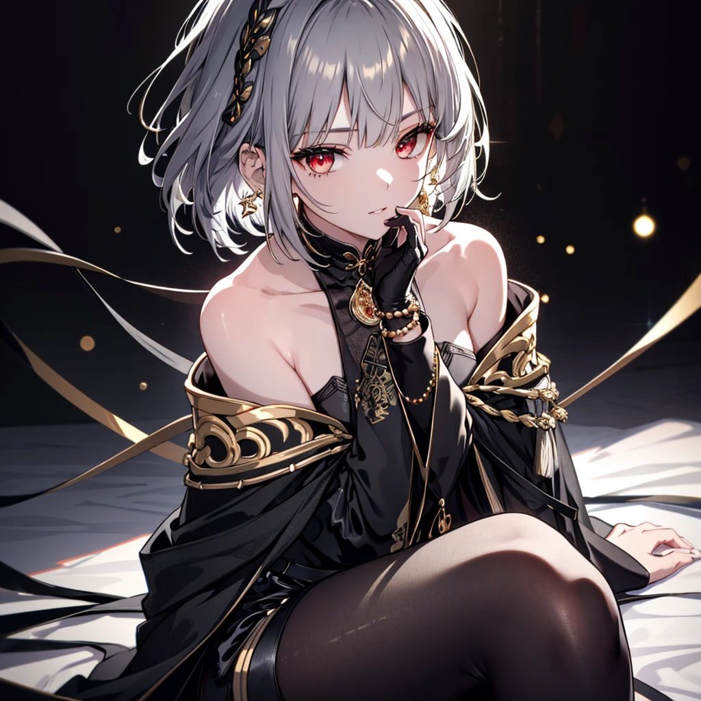 8k,High resolution RAW color art,Anime Art,Silver Marble Skin, (((Very detailed and cool))), Detailed skin, Bokeh、texture,(Exquisitely crafted, The finer details, Ultra-detailed art), (((1 girl))), Depth of written boundary, Silky Touch, Hyper Detail, (((Cool face))), eye shadow, Beautiful detailed red eyes, Beautiful lip detail, Highly detailed face, Delicate depiction of hair and eyes, Detailed Fashion, Golden Earrings,Full body depiction, Black half top、(((Shoulder Bare)))、Black shorts、Waist Cloak、black tights、Golden decoration, Grey Hair, Golden bracelet, Straight Hair、Short Hair、(((Hair)))、Simple Background、(((Black theme)))、White background、snow、Side view、Girl sitting、look down、cloth、Clear face、bed