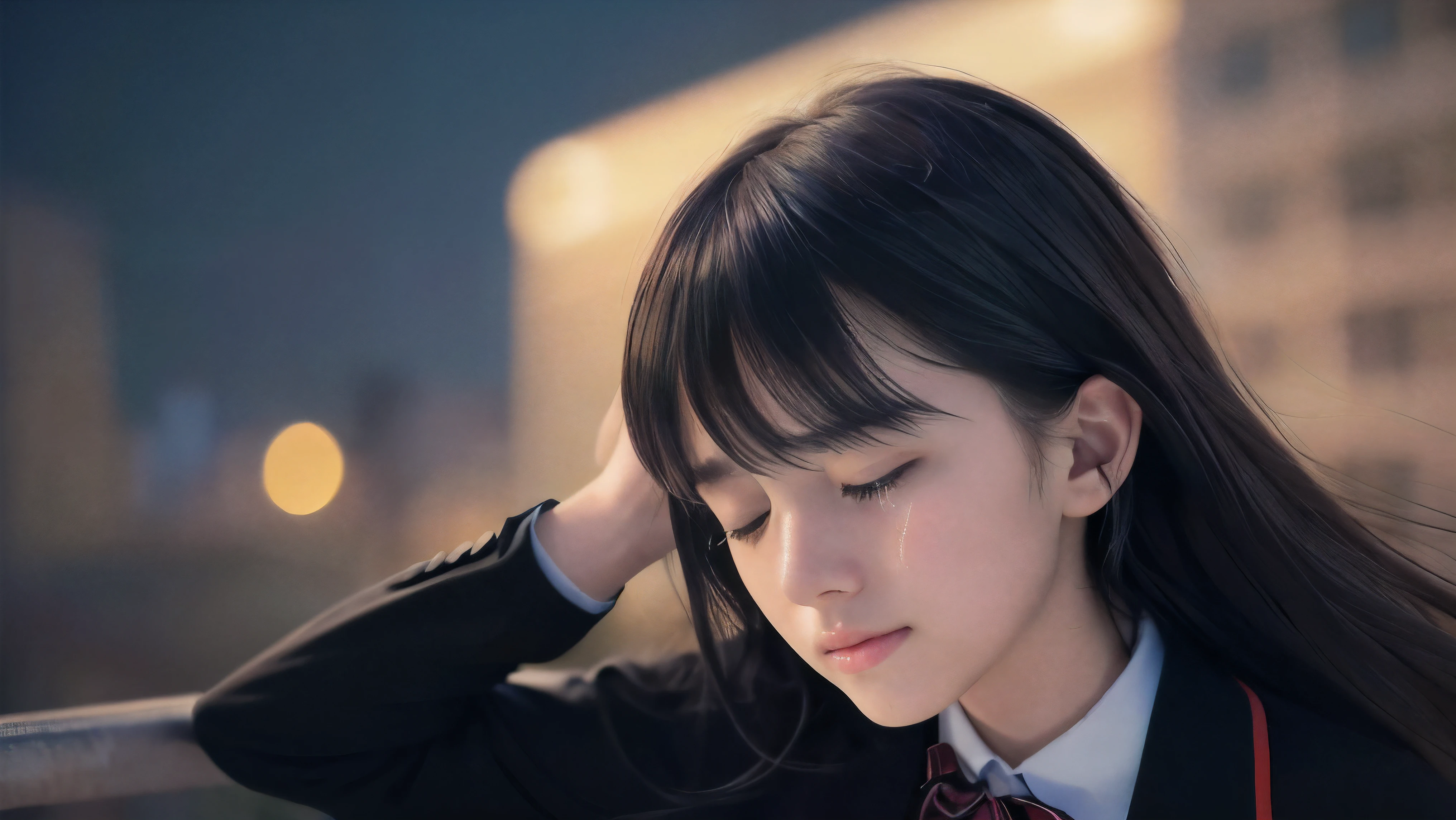 (Close up face shot of one slender small breasts two side up black medium hair bangs girl in long sleeves black school uniform:1.5)、(One girl is face down with crying face from the rooftop of the building and her hair is blowing by the winds at midnight:1.5)、(Big city landscape at midnight:1.5)、(8k ultra detailed master piece:1.5)、(perfect anatomy:1.5)、(Photorealistic stick:1.5)、(Raw photo:1.3)、(highest quality:1.5)、(High resolution:1.3)、(Delicate and beautiful perfect face:1.3)、(Delicate and beautiful eye air skin:1.3)、(Real Human Skin:1.3)、((thin legs))