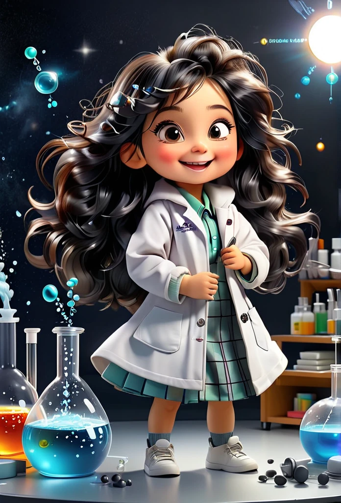 Chibi Baby Chemistry Mascot MASCOT, atoms, Molecules ,Has black hair , Blind box style and model with popular market style, The sunlight shines, , hyper qualit, sharp features, Ultra HD and 8K resolution,Cool Hand Drawn Illustration,fly away (Inside out disgusting), Create a series of best quality cute chibi dolls,ultra details,realisitic,Science Laboratory,Chemical experiment,ultra HD, chemical equipment,scientists working,cups,UHD Bunsen Burner ,Microscope,laboratory glassware,measuring cylinders,labcoats,Round nerd glasses ,science books,Periodic table,scientific research,discoveries,new inventions,innovation,aprendizagem,education,Scientific culture wears coat with details of buttons and brooches , her coat is charming and cute with ultra chemical details ,Curiosidade,Technological advancements,swirly vibrant colors,soft lighting,modern laboratory,nerdy atmosphere,laboratory instruments,hypothesis testing,Scientific method,symbolic representation,Critical thinking,experiments ,precision,precision,Intricate details,impressive scientific setup,natural elements,exploration of the mysteries of science,unlocking the secrets of nature. Baby chibi is happy and excited, remember to use chemical laboratory glassware, The chalkboard behind the cute chibi baby is written the structure of caffeine in white chalk 18K UHDBlack hair, very long hair, American propaganda poster, shine light, 3D rendering,
