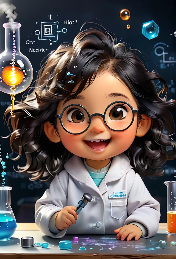 Chibi Baby Chemistry Mascot MASCOT, atoms, Molecules ,Has black hair , Blind box style and model with popular market style, The sunlight shines, , hyper qualit, sharp features, Ultra HD and 8K resolution,Cool Hand Drawn Illustration,fly away (Inside out disgusting), Create a series of best quality cute chibi dolls,ultra details,realisitic,Science Laboratory,Chemical experiment,ultra HD, chemical equipment,scientists working,cups,UHD Bunsen Burner ,Microscope,laboratory glassware,measuring cylinders,labcoats,Round nerd glasses ,science books,Periodic table,scientific research,discoveries,new inventions,innovation,aprendizagem,education,Scientific culture wears coat with details of buttons and brooches , her coat is charming and cute with ultra chemical details ,Curiosidade,Technological advancements,swirly vibrant colors,soft lighting,modern laboratory,nerdy atmosphere,laboratory instruments,hypothesis testing,Scientific method,symbolic representation,Critical thinking,experiments ,precision,precision,Intricate details,impressive scientific setup,natural elements,exploration of the mysteries of science,unlocking the secrets of nature. Baby chibi is happy and excited, remember to use chemical laboratory glassware, The chalkboard behind the cute chibi baby is written the structure of caffeine in white chalk 18K UHDBlack hair, very long hair, American propaganda poster, shine light, 3D rendering,