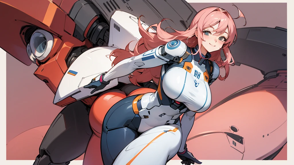 Anime Style,A precisely drawn giant robot,Smiling pilot next to a robot,Mature Woman,Large Breasts,Protruding buttocks