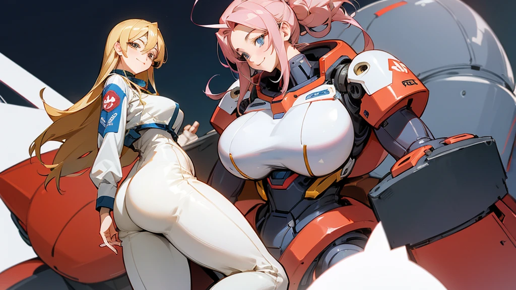 Anime Style,A precisely drawn giant robot,Smiling pilot next to a robot,Mature Woman,Large Breasts,Protruding buttocks