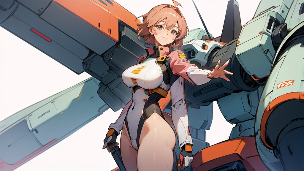 Anime Style,A precisely drawn giant robot,Smiling pilot next to a robot,Mature Woman,Large Breasts,Protruding buttocks