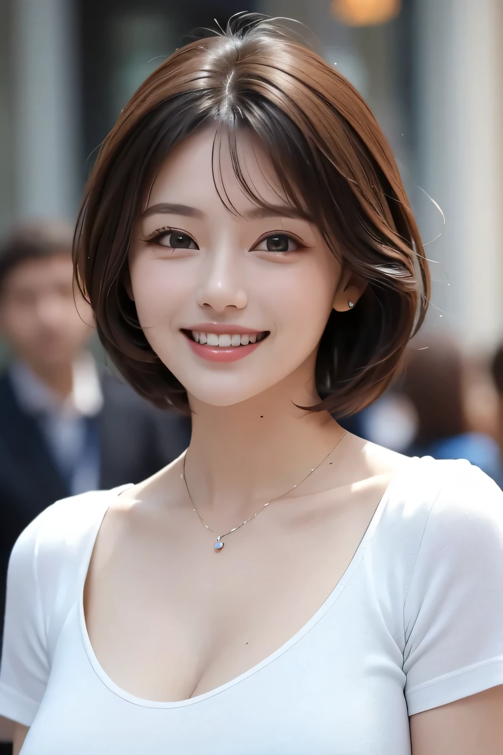 ((masterpiece)), ((Highest quality)), ((Complex)), ((Surreal)), (Realistic), (Mature Woman), ((There are no classes)), Very detailed, (1 female), Beautiful and exquisite, (Beautiful Teeth), Grin, Brunette bob hair, Brown eyes, ((blouse)), (Upper Body), (background:none), Perfect Eyes, Captivating eyes, Looking at the audience