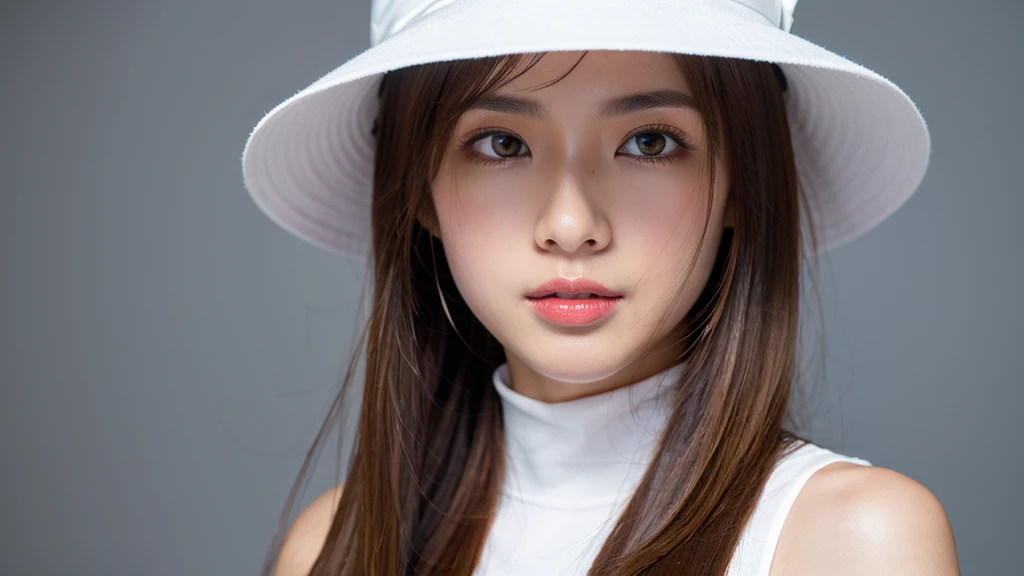 White Hat,(Detailed face),vivid,cute,Sleeveless and(turtleneck)White silky clothes,4K,Ultra-high resolution,（Photorealistic：1.7）,Gray background,Long Hair,