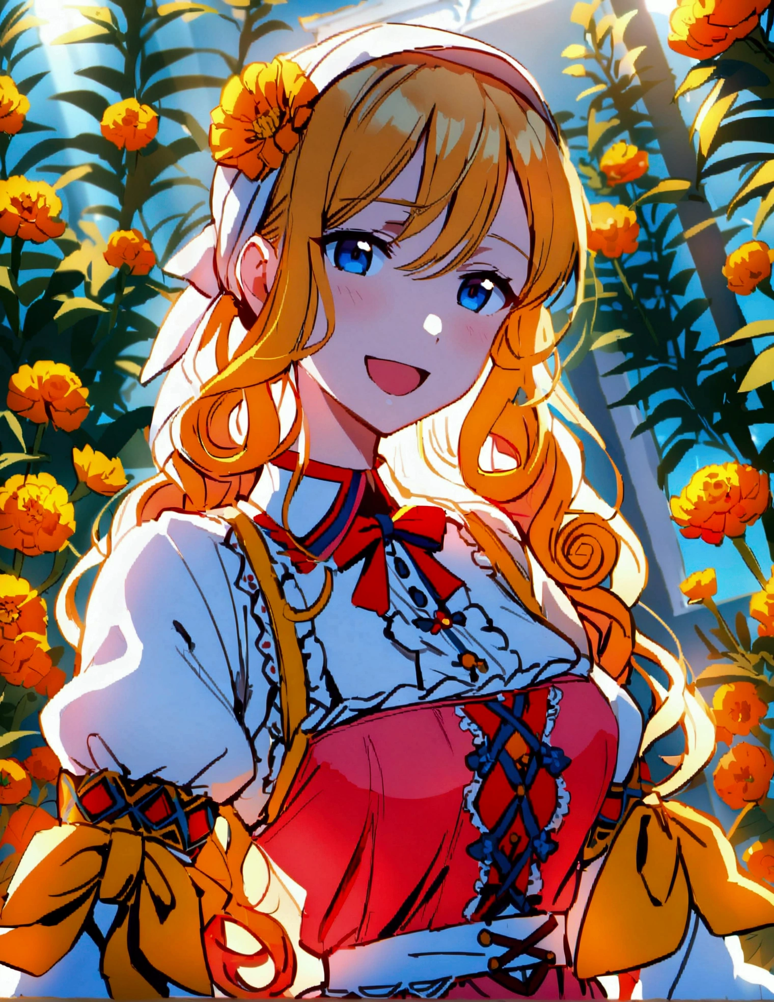 golden orange hair, gradient hair, very long hair, swept bangs, sidelocks, curly hair, wavy hair, (((((head scarf))))), head bandana, pink apron, flower in hair, marigold, orange flower, dirndl, pink dress, pink dirndl, long sleeves, waist apron, white apron, bow on waist, blue bow, , polish clothing, Slavic clothing, Hungarian clothing, anime, cute,, solo, exaggerated expression, smile, open mouth, blue eyes, white stockings, black shoes, full body, (((Dutch angle)))