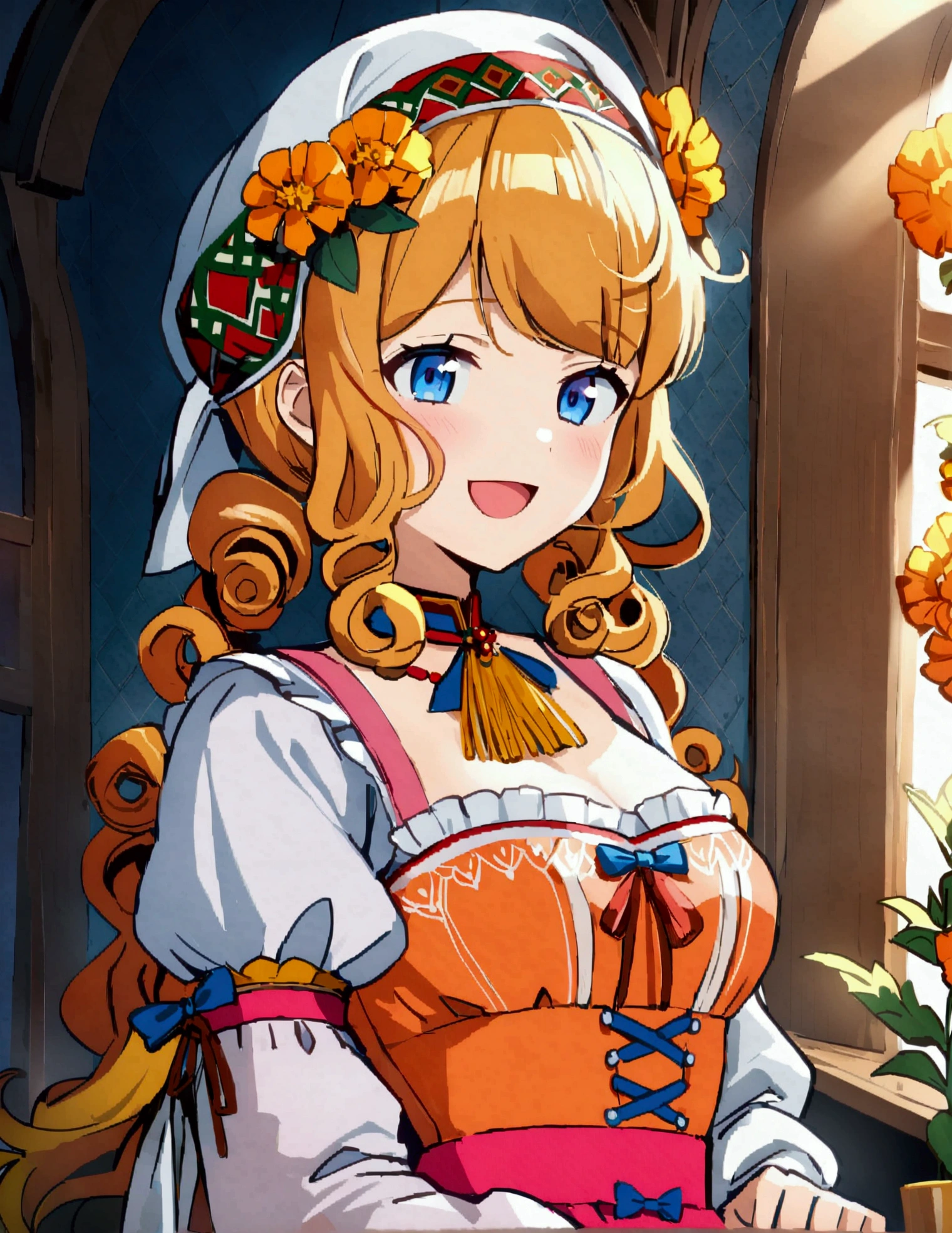 golden orange hair, gradient hair, very long hair, swept bangs, sidelocks, curly hair, wavy hair, (((((head scarf))))), head bandana, pink apron, flower in hair, marigold, orange flower, dirndl, pink dress, pink dirndl, long sleeves, waist apron, white apron, bow on waist, blue bow, , polish clothing, Slavic clothing, Hungarian clothing, anime, cute,, solo, exaggerated expression, smile, open mouth, blue eyes, white stockings, black shoes, full body, (((Dutch angle)))