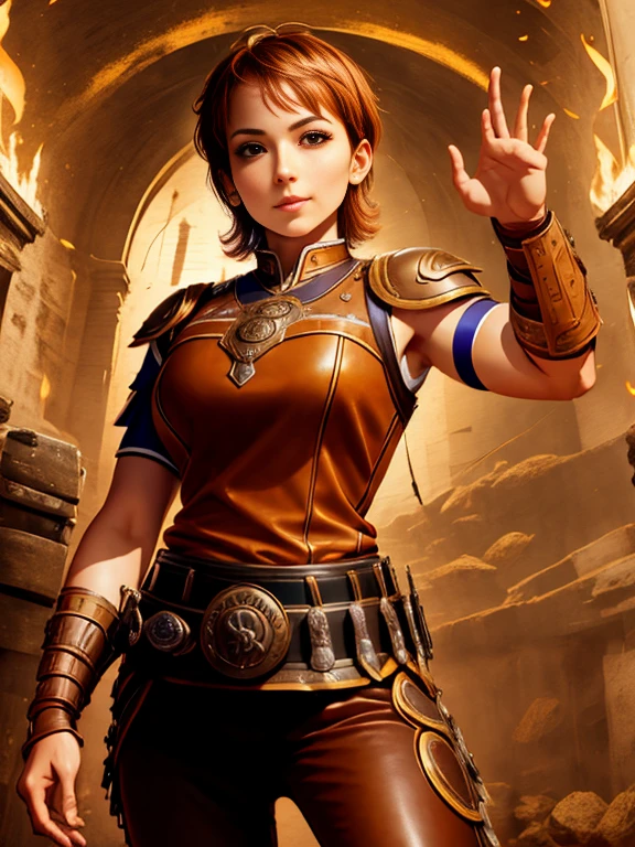high resolution、Camera image quality、masterpiece、Bust Shot、View from the front、1 Female、Warrior、Sensual Body、Brown short hair、Brown eyes、Ample breasts、Curved waist、Hold a short sword in the right hand、 scratches on the body、Leather Armor、Shoulder、belt、Waist armor、Gauntlet、foot armor、No background、