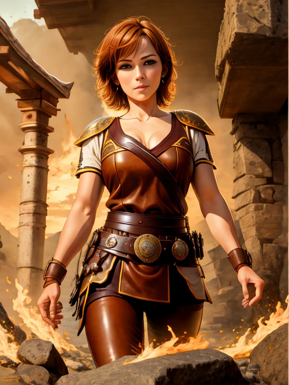 (((Hyper Real)))、(Amazonian female warrior)、
Beautiful woman　high resolution　High resolution　Realistic　Long Hair　Redhead Mature、Adult female、((Big big boobs))　Fine skin、超High resolution、Realistic、Plump figure、((青年のBeautiful woman))、Beautiful expression 、Fine green eyes、Red hair、2５Amazonian female warrior、Big cleavage、Big Ass、Bright red lips、(Simple clothes)and(Wearing simple armor)、(I have a weapon)、