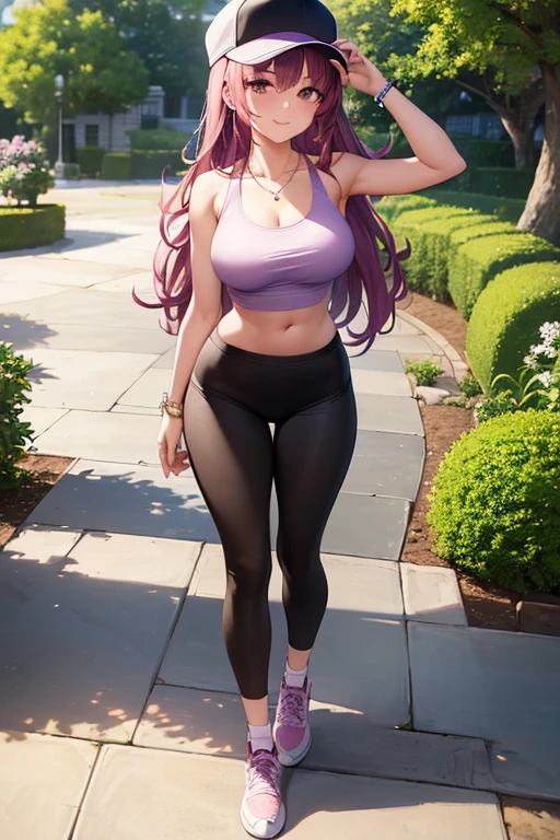((masterpiece, best quality, ultra-detailed)), 1girl, beautiful confident woman walking through a garden, smiling, pink tank top, midriff, bracelet, necklace, long black pencil skirt, white sneakers, black socks, wearing headphones and brim cap, full body, wavy purple hair