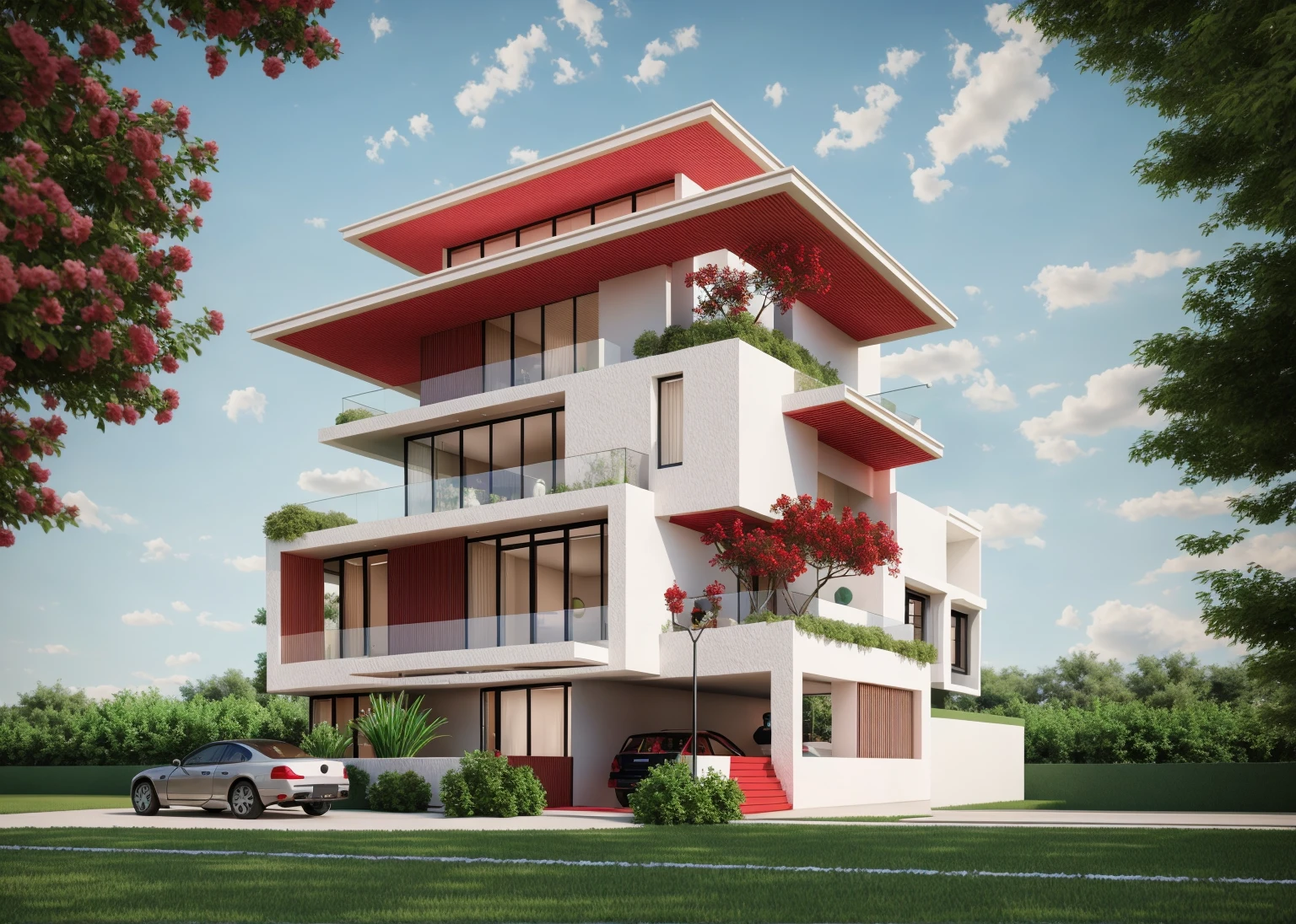 PLATEFORME KTHOUSE, Beaucoup de belles fleurs rouges le long de la route, Romantique, 1 maison de style néoclassique, La maison de ville est faite de murs blancs, Belle lumière, journée de beauté, ensoleillé, Beaucoup de bougainvilliers rouges le long de la route:1.3, belle sensation de jeunesse :1.2, soleil à midi, Très belles ombres,