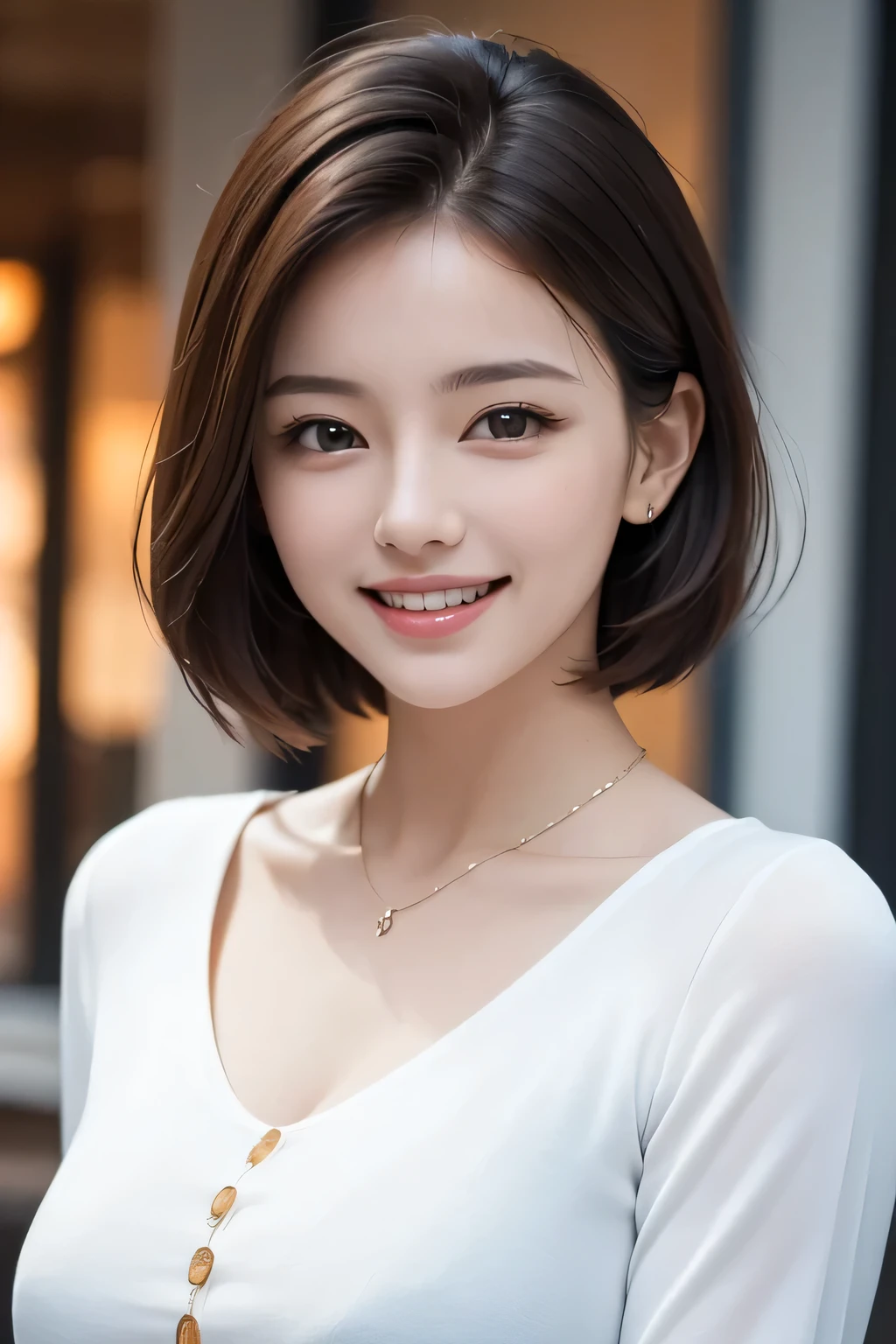((masterpiece)), ((Highest quality)), ((Complex)), ((Surreal)), (Realistic), (Mature Woman), ((There are no classes)), Very detailed, (1 female), Beautiful and exquisite, (Beautiful Teeth), Grin, Brunette bob hair, Brown eyes, ((blouse)), (Upper Body), (background:none), Perfect Eyes, Captivating eyes, Looking at the audience