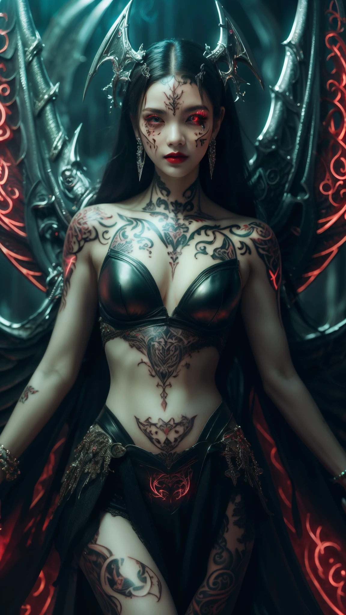 Cute Japanese woman, (), (Very cute face: 1.3), Red lips, White moist skin, Melancholic expression,
BREAK,
(Beautiful belly button),
BREAK,
Female superior ancient strigoi vampire, Horror, Angel wings, Black wings, Red jewelry, (Large wings: 1.4), Satan, Hellfire, Full body, Devil, Flame,
BREAK,
(Facial tattoo: 1.4),
BREAK,
Masterpiece, Perfect lighting, Ultra high resolution, 8K, (Very detailed: 1.4), (From the front), Looking at the camera,
BREAK,
(Neon lights: 1.2),