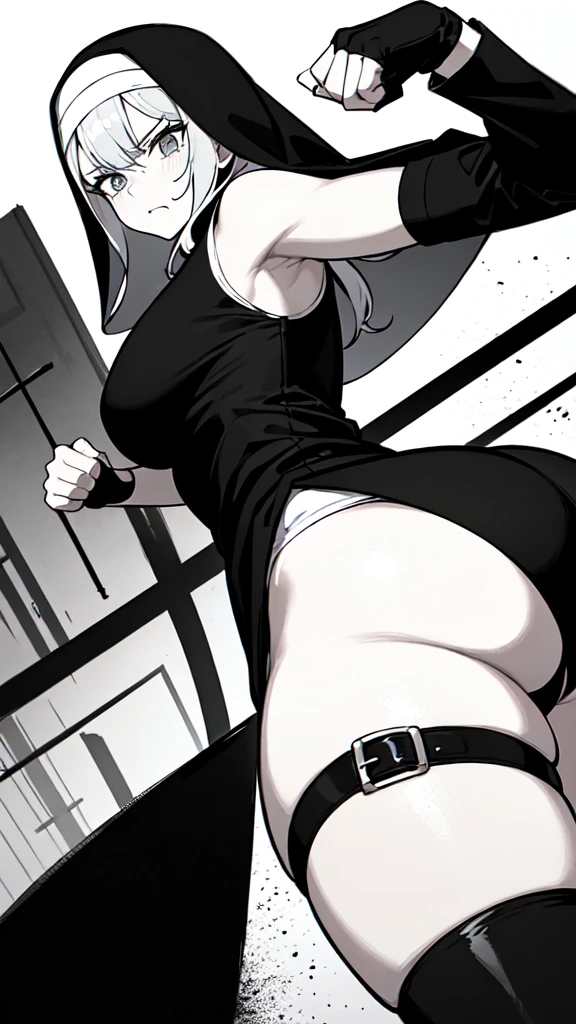 a black and white drawing of a nun with a cross on her shoulder, nun fashion model, nun outfit, nun, an evil nun, black and white manga style, powerful stance, billie eilish as a nun, billie eilish as a sad nun, shohei otomo, cyberpunk nun warrior, fighter pose, menacing pose, badass pose, vampire nun, big butt