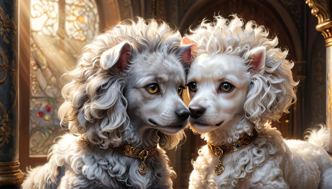 A regal grey cat and a white poodle dog looking at each other, beautiful detailed eyes, beautiful detailed fur, highly detailed, anime style, intricate details, soft lighting, warm colors