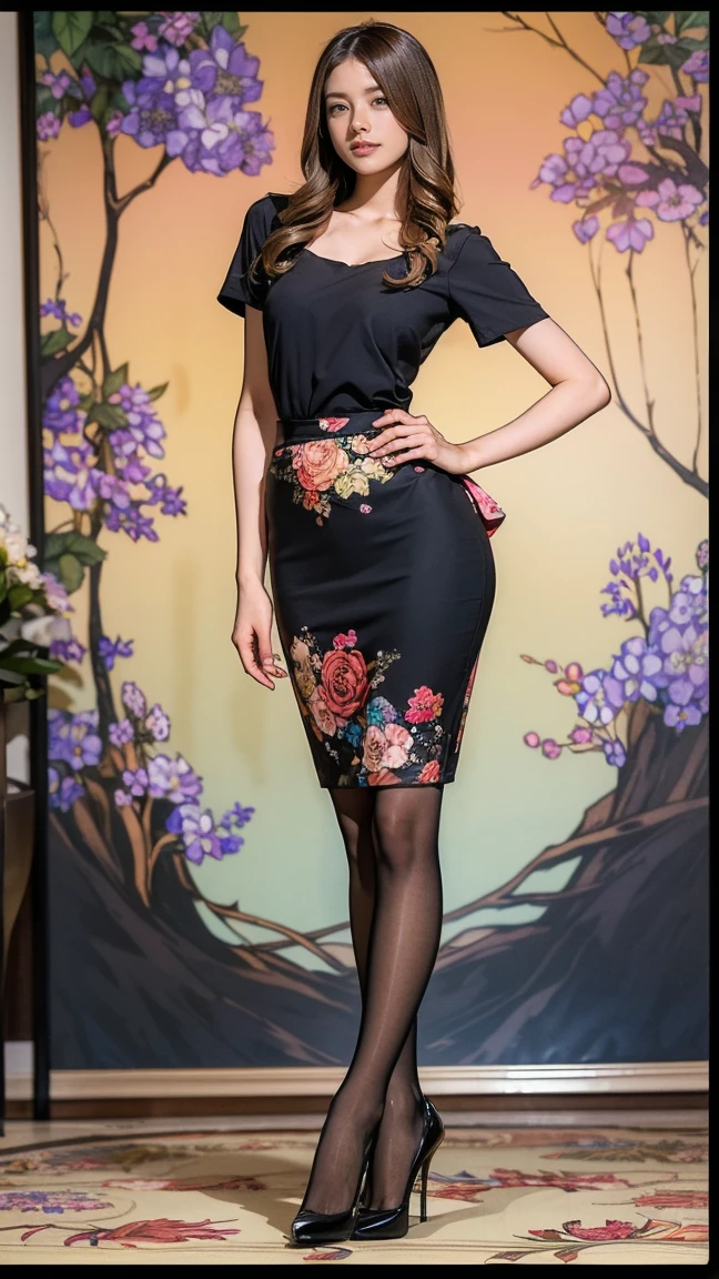 ((masterpiece)),(((Highest quality))),Thin thighs,Long legs,whole body:1.5，(One Girl:1.3),(Black pantyhose and thick pointy heels：1.3),(Wearing a floral mid-length skirt dress:1.2),Short blonde:1.2、Model pose，