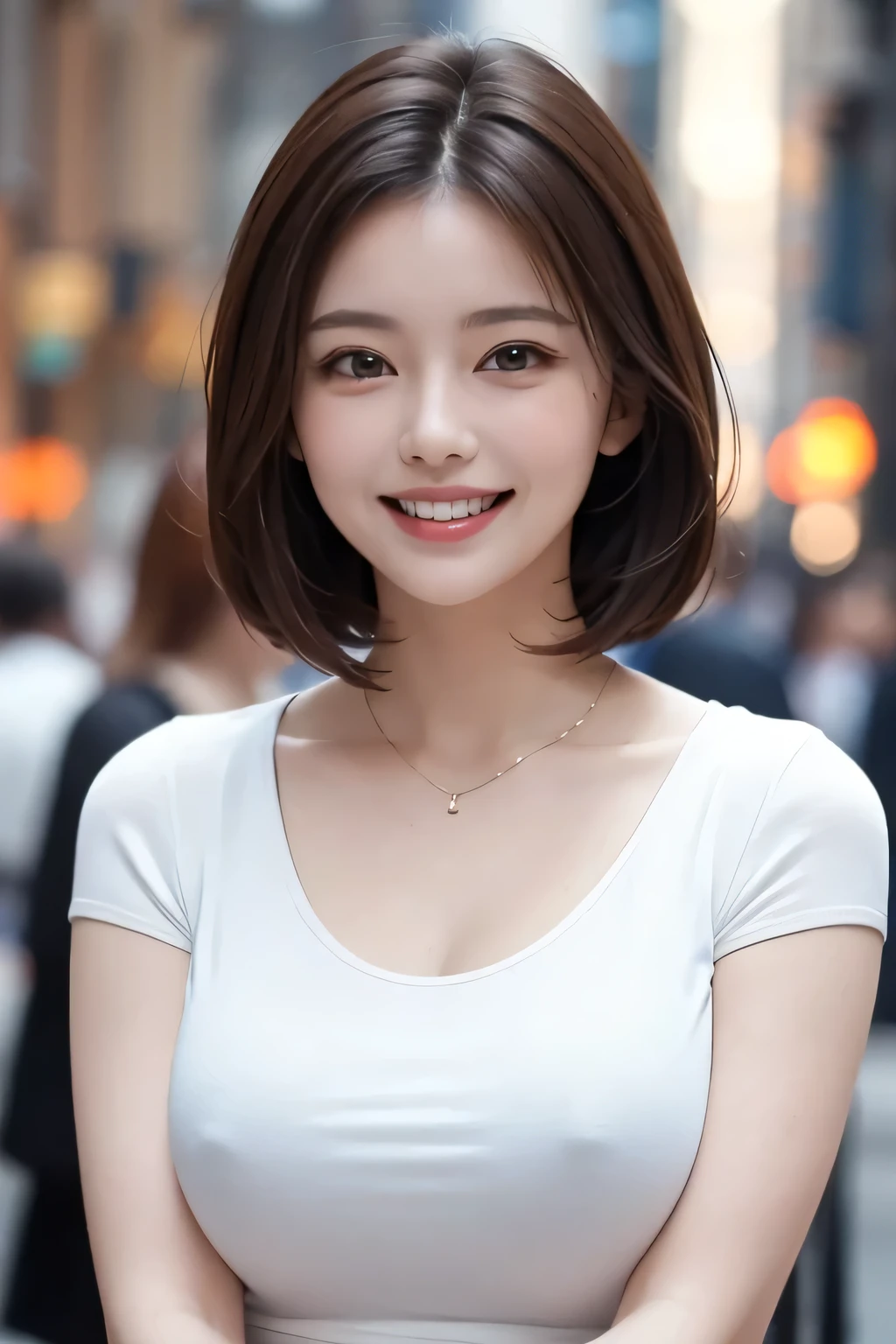 ((masterpiece)), ((Highest quality)), ((Complex)), ((Surreal)), (Realistic), (Mature Woman), ((There are no classes)), Very detailed, (1 female), Beautiful and exquisite, (Beautiful Teeth), Grin, Brunette bob hair, Brown eyes, ((blouse)), (Upper Body), (background:none), Perfect Eyes, Captivating eyes, Looking at the audience